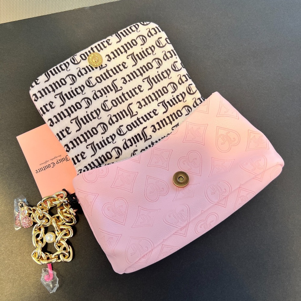 Juicy Couture Pink Monogram Clutch Bag Wristlet Purse‎ Gold Chain Charm Y2K Soft - Picture 5 of 9